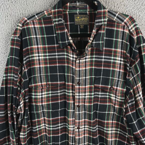 Lucky Brand Flannel Shirt Men XXL Plaid Black Red Saturday Stretch Untucked Fit - Picture 1 of 9